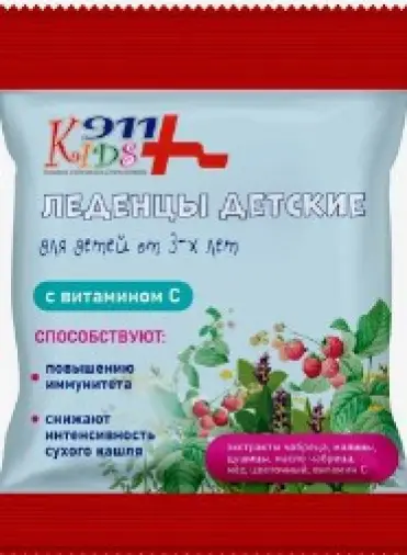 911 Kids Леденцы детские 3+ витамин С, чабрец, душица, малина, мед Упаковка 50г произодства Твинс Тэк ЗАО
