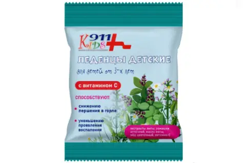 911 Kids Леденцы детские 3+ витамин С, липа, ромашка, мед Упаковка 50г произодства Твинс Тэк ЗАО