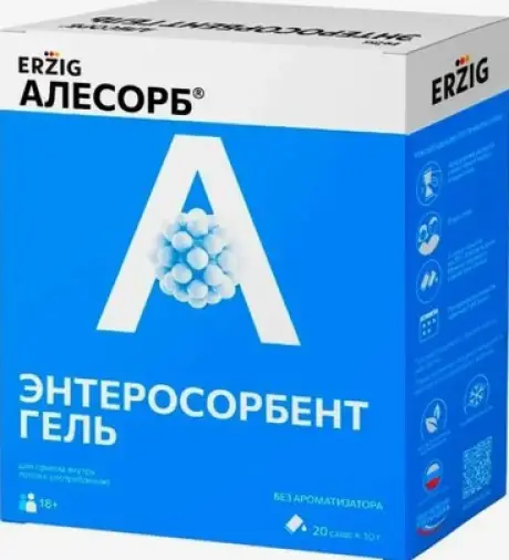 Алесорб Энтеросорбент с янтарн.к-той Эрциг Гель д/приёма внутрь 10г №20