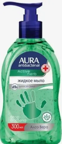 Aura (Аура) жидкое мыло с антибактериальным эффектом с Алоэ Вера Флакон с дозатором 300мл произодства Коттон Клаб