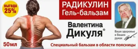 Бальзам В.Дикуля Радикулин при болях в пояснице Туба 50мл в Щёлково