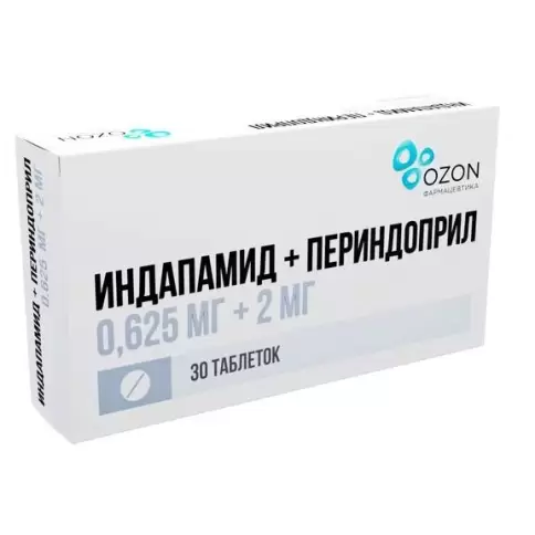 Индапамид+Периндоприл Таблетки 0.625мг+2мг №30 произодства Озон ФК ООО
