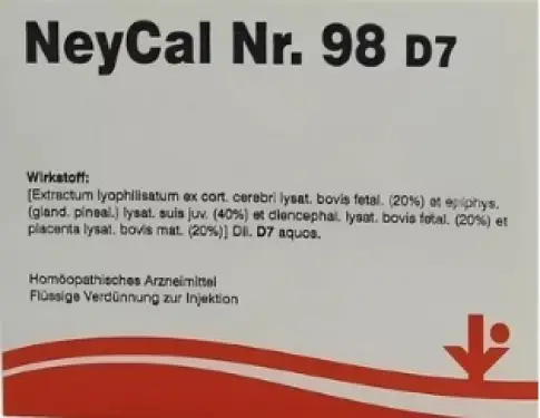 NeyCal Nr 98 D7 Нейкал №98 Д7 гомеопатическое средство, экстракты церебрального лизата говядины (20%), эпифиза (40%), диэнцефалона (20%) и плаценты (20%) Р-р д/инъекций 2мл №5 произодства Не определен