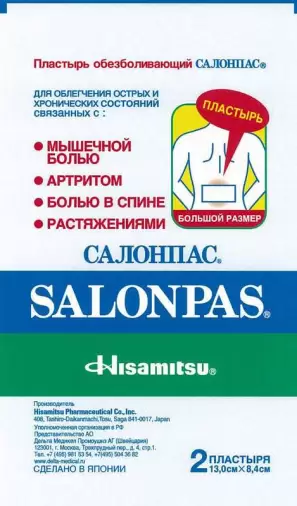 Салонпас пластырь обезболив. Упаковка 13 х 8.4см №2 произодства Хисамитсу Фарм.